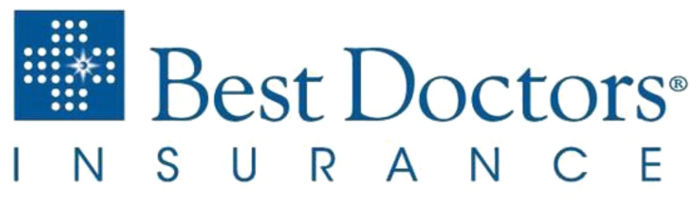 Logo for Best Doctors Insurance featuring a blue cross with white dots and the company name in blue text on a white background.