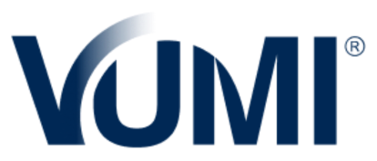 The image shows the VUMI logo in dark blue capital letters with a curved line over the "U" and a registered trademark symbol in the top right corner.